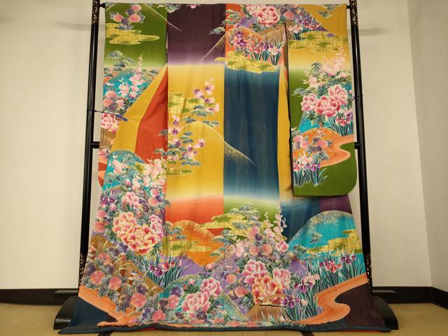 平和屋本店●お引きずり・お引き摺り・引き振袖 和装 結婚式 舞妓 芸妓 芸者 衣装 駒刺繍 風景草花文 暈し染め 金彩 逸品 AABJ2782fw