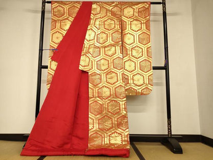 平和屋本店●お引きずり・お引き摺り・引き振袖　和装　結婚式　舞妓　芸妓　芸者　衣装　亀甲草花文　金糸　逸品　AABJ2784fw