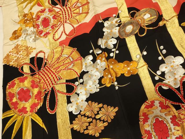 平和屋本店●色打掛　和装　婚礼　結婚式　花嫁　神社挙式　駒刺繍　花鼓笹竹文　黒地　金銀糸　逸品　AABJ2792fw