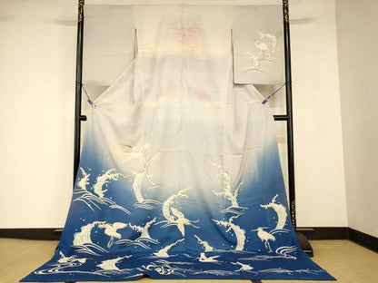平和屋本店●夏物 お引きずり・お引き摺り 訪問着 和装 舞台 舞妓 芸妓 芸者 衣装 手描き 刺繍 飛鶴立波文 絽 銀糸 銀彩 逸品 AABJ2805fw