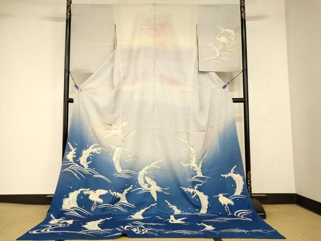 平和屋本店●夏物 お引きずり・お引き摺り 訪問着 和装 舞台 舞妓 芸妓 芸者 衣装 手描き 刺繍 飛鶴立波文 絽 銀糸 銀彩 逸品 AABJ2805fw