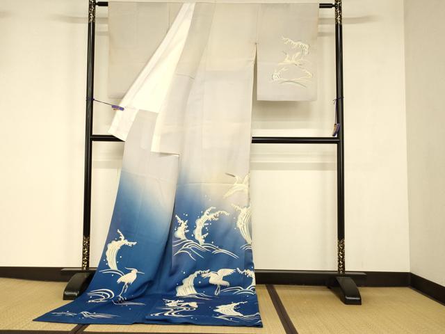 平和屋本店●夏物 お引きずり・お引き摺り 訪問着 和装 舞台 舞妓 芸妓 芸者 衣装 手描き 刺繍 飛鶴立波文 絽 銀糸 銀彩 逸品 AABJ2805fw