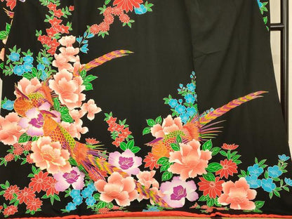 平和屋本店●お引きずり・お引き摺り・引き振袖　和装　結婚式　舞妓　芸妓　芸者　衣装　駒刺繍　草花雉文　黒地　金彩　AABJ2815fw