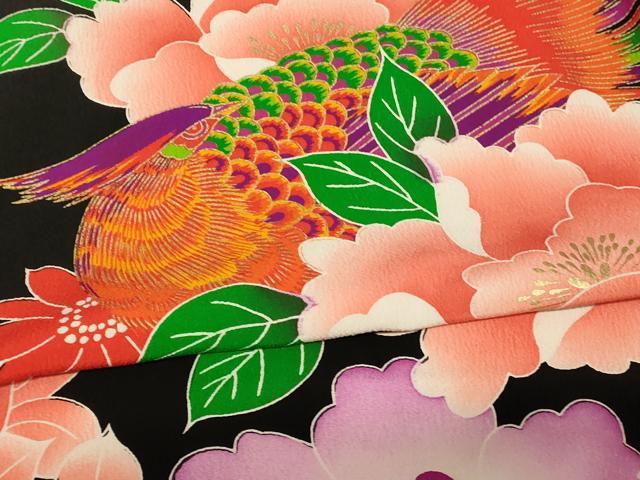 平和屋本店●お引きずり・お引き摺り・引き振袖　和装　結婚式　舞妓　芸妓　芸者　衣装　駒刺繍　草花雉文　黒地　金彩　AABJ2815fw