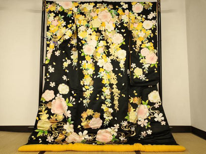 平和屋本店●色打掛　和装　婚礼　結婚式　花嫁　神社挙式　枝垂れ桜流水文　黒地　金銀彩　逸品　AABJ2836fw