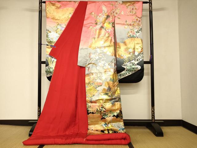 平和屋本店●色打掛　和装　婚礼　結婚式　花嫁　神社挙式　手描き　飛鶴松梅文　暈し染め　金銀彩　逸品　AABJ2849fw