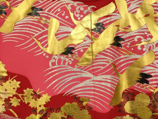 平和屋本店●本手描友禅作家　秋山章　色打掛　和装　婚礼　結婚式　花嫁　神社挙式　飛鶴御所車文　金銀彩　逸品　AABJ2852fw