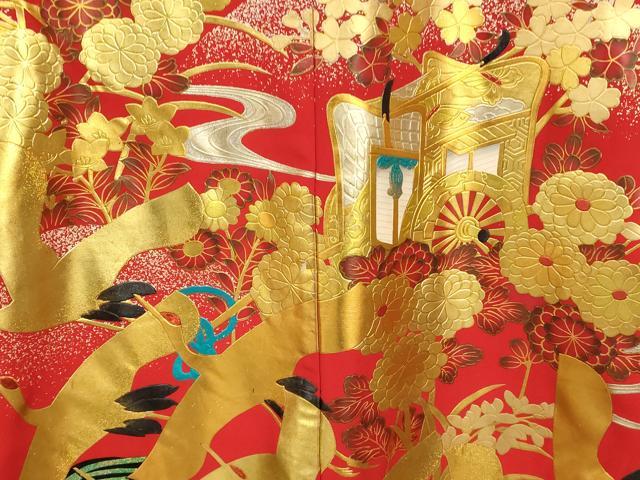 平和屋本店●本手描友禅作家　秋山章　色打掛　和装　婚礼　結婚式　花嫁　神社挙式　飛鶴御所車文　金銀彩　逸品　AABJ2852fw