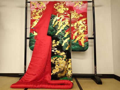 平和屋本店●本手描友禅作家　秋山章　色打掛　和装　婚礼　結婚式　花嫁　神社挙式　飛鶴御所車文　金銀彩　逸品　AABJ2852fw