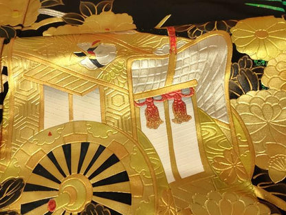 平和屋本店●本手描友禅作家　秋山章　色打掛　和装　婚礼　結婚式　花嫁　神社挙式　飛鶴御所車文　金銀彩　逸品　AABJ2852fw
