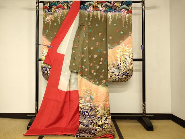 平和屋本店●お引きずり・お引き摺り・引き振袖　和装　結婚式　舞妓　芸妓　芸者　衣装　鳳凰花車文　暈し染め　金銀彩　逸品　AABJ2855fw