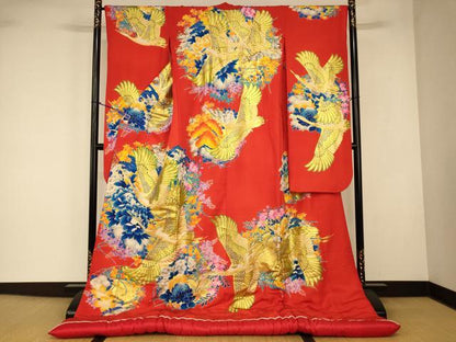 平和屋本店●本手描友禅作家　秋山章　色打掛　和装　婚礼　結婚式　花嫁　神社挙式　飛鶴梅松丸文　金彩　逸品　AABJ2868fw