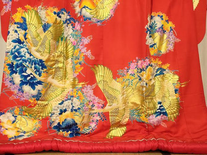 平和屋本店●本手描友禅作家　秋山章　色打掛　和装　婚礼　結婚式　花嫁　神社挙式　飛鶴梅松丸文　金彩　逸品　AABJ2868fw