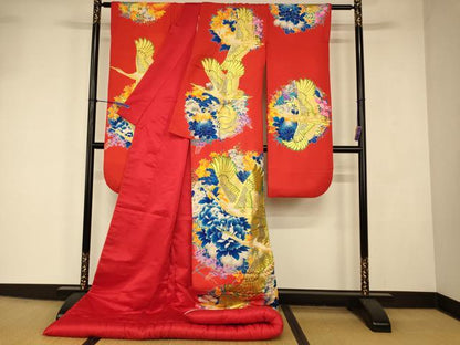 平和屋本店●本手描友禅作家　秋山章　色打掛　和装　婚礼　結婚式　花嫁　神社挙式　飛鶴梅松丸文　金彩　逸品　AABJ2868fw