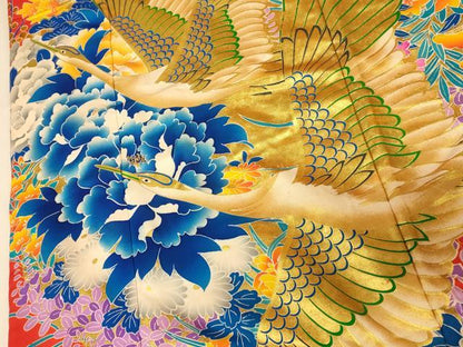 平和屋本店●本手描友禅作家　秋山章　色打掛　和装　婚礼　結婚式　花嫁　神社挙式　飛鶴梅松丸文　金彩　逸品　AABJ2868fw