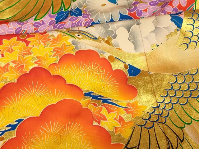 平和屋本店●本手描友禅作家　秋山章　色打掛　和装　婚礼　結婚式　花嫁　神社挙式　飛鶴梅松丸文　金彩　逸品　AABJ2868fw