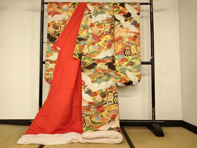 平和屋本店●色打掛　和装　婚礼　結婚式　花嫁　神社挙式　唐織　飛鶴草花御所車文　金糸　逸品　AABJ2875fw