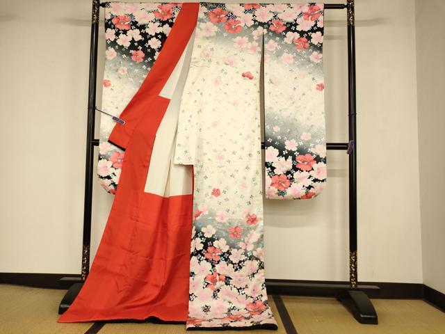 平和屋本店●お引きずり・お引き摺り・引き振袖 和装 結婚式 舞妓 芸妓 芸者 衣装 舞花霞文 暈し染め 銀彩 ラインストーン 逸品 AABJ2884fw