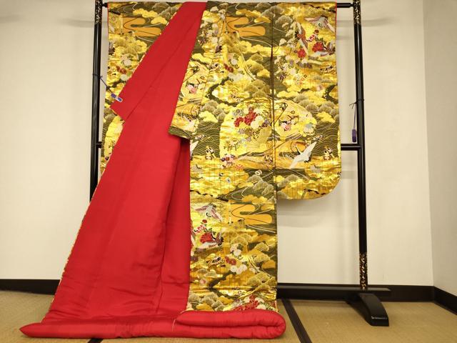 平和屋本店●色打掛　和装　婚礼　結婚式　花嫁　神社挙式　唐織　飛鶴宝尽くし扇子文　金糸　逸品　AABJ2890fw