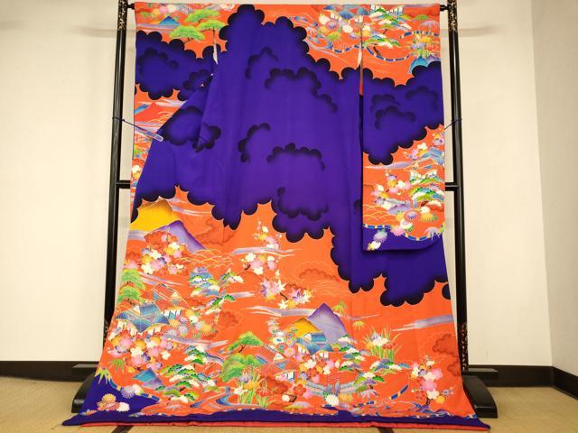 平和屋本店●お引きずり・お引き摺り・引き振袖　和装　結婚式　舞妓　芸妓　芸者　衣装　駒刺繍　型染め　松竹梅風景文　逸品　AABJ2896fw