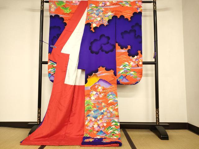 平和屋本店●お引きずり・お引き摺り・引き振袖　和装　結婚式　舞妓　芸妓　芸者　衣装　駒刺繍　型染め　松竹梅風景文　逸品　AABJ2896fw