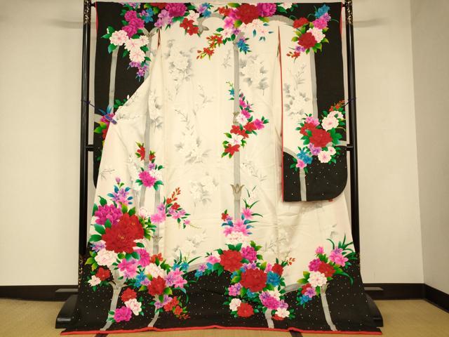 平和屋本店●お引きずり・お引き摺り・引き振袖 和装 結婚式 舞妓 芸妓 芸者 衣装 作家物 手描き 枝花竹文 金彩 金通し地 逸品 AABJ2897fw