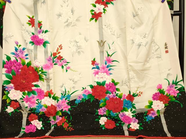 平和屋本店●お引きずり・お引き摺り・引き振袖 和装 結婚式 舞妓 芸妓 芸者 衣装 作家物 手描き 枝花竹文 金彩 金通し地 逸品 AABJ2897fw