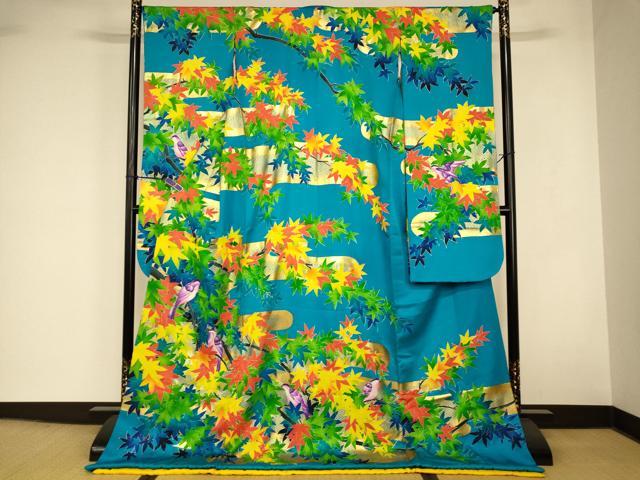 平和屋本店●本手描友禅作家 秋山章 お引きずり・お引き摺り・引き振袖 和装 結婚式 舞妓 芸妓 芸者 楓 枝に休み鳥 金銀彩 逸品 AABJ2901fw
