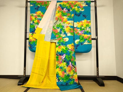 平和屋本店●本手描友禅作家 秋山章 お引きずり・お引き摺り・引き振袖 和装 結婚式 舞妓 芸妓 芸者 楓 枝に休み鳥 金銀彩 逸品 AABJ2901fw
