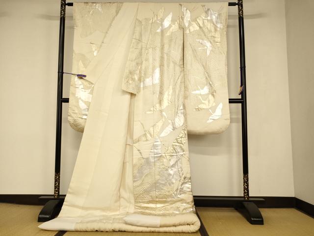 平和屋本店●本手描友禅作家 秋山章 白打掛 白無垢 和装 婚礼 結婚式 花嫁 神社挙式 飛鶴流水文 金銀彩 逸品 AABJ2913fw