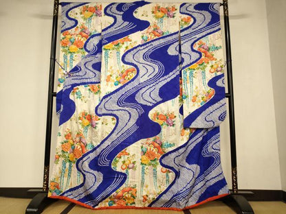 平和屋着物●豪華振袖　草花片輪車流水文　金彩　正絹　逸品　AABJ2918fw