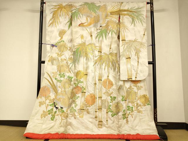 平和屋本店●色打掛 和装 婚礼 結婚式 花嫁 神社挙式 刺繍 笹竹草花雉文 金銀糸 銀通し地 逸品 AABJ2919fw