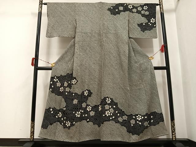 平和屋着物●訪問着　総絞り　流水草花文　黒地　正絹　逸品　AABJ2926ph