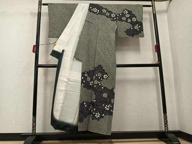平和屋着物●訪問着　総絞り　流水草花文　黒地　正絹　逸品　AABJ2926ph