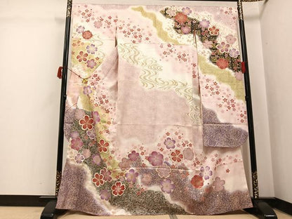 平和屋着物●紫綬褒章　巨匠『岩田専太郎』　振袖　駒刺繍　舞花文　暈し染め　金彩　正絹　逸品　AABJ2927ph