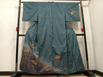 平和屋着物●訪問着　本場大島紬　染大島　竹屋町刺繍　地紙群鶴枝花文　暈し染め　金彩　正絹　逸品　AABJ2929ph