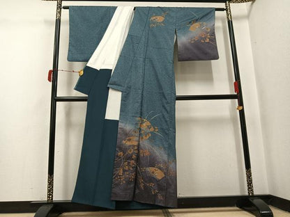 平和屋着物●訪問着　本場大島紬　染大島　竹屋町刺繍　地紙群鶴枝花文　暈し染め　金彩　正絹　逸品　AABJ2929ph