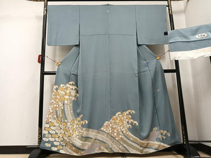 平和屋着物●染匠　久保耕　色留袖　駒刺繍　立波草花文　金彩　丹後ちりめん　反端付き　正絹　逸品　AABJ2930ph