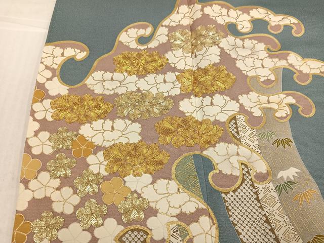 平和屋着物●染匠　久保耕　色留袖　駒刺繍　立波草花文　金彩　丹後ちりめん　反端付き　正絹　逸品　AABJ2930ph