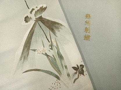 平和屋着物●訪問着　蘇州刺繍　草花文　暈し染め　金銀糸　正絹　逸品　AABJ2931ph