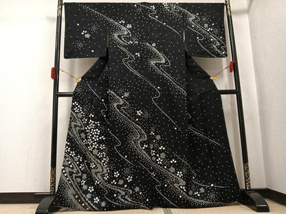 平和屋着物●訪問着　総絞り　流水花文　黒地　金彩　正絹　逸品　AABJ2934ph