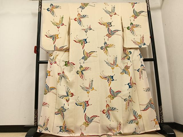 平和屋着物●上質な小紋　型染め　舞蝶文　鬼しぼ縮緬　正絹　逸品　AABJ2935ph