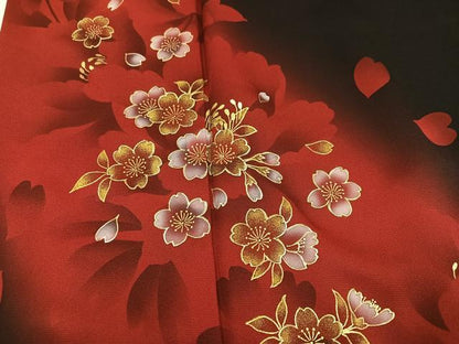 平和屋着物●豪華振袖　夜桜　暈し染め　黒地　金彩　正絹　逸品　AABJ2937ph