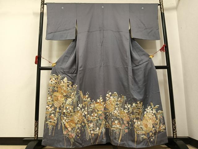 平和屋着物●豪華色留袖　駒刺繍　扇面吉祥草花文　金彩　正絹　逸品　AABJ2941ph