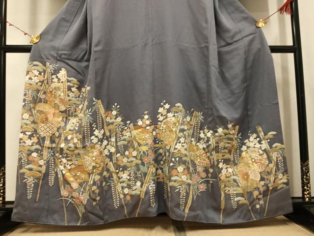平和屋着物●豪華色留袖　駒刺繍　扇面吉祥草花文　金彩　正絹　逸品　AABJ2941ph