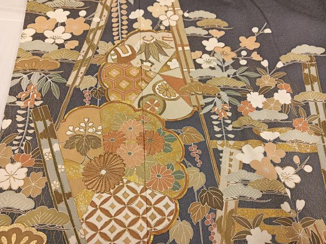 平和屋着物●豪華色留袖　駒刺繍　扇面吉祥草花文　金彩　正絹　逸品　AABJ2941ph