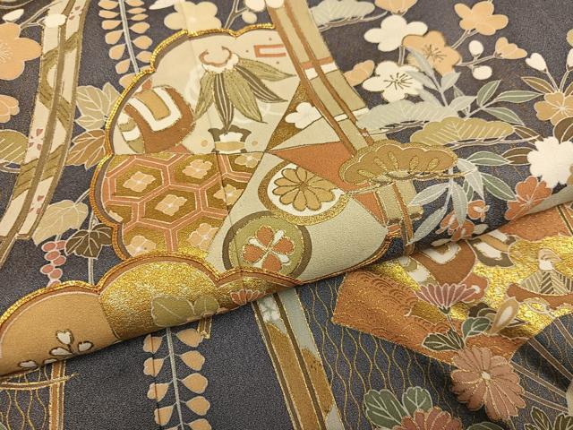 平和屋着物●豪華色留袖　駒刺繍　扇面吉祥草花文　金彩　正絹　逸品　AABJ2941ph