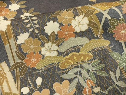 平和屋着物●豪華色留袖　駒刺繍　扇面吉祥草花文　金彩　正絹　逸品　AABJ2941ph