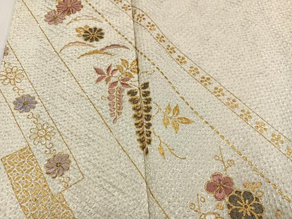 平和屋着物●訪問着　絞り　刺繍　草花文　金彩　正絹　逸品　AABJ2945ph