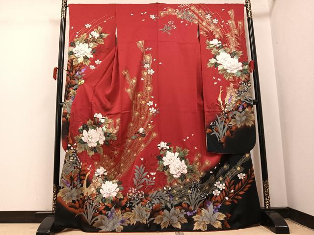 平和屋着物●豪華振袖　孔雀花文　暈し染め　金彩　正絹　逸品　AABJ2948ph